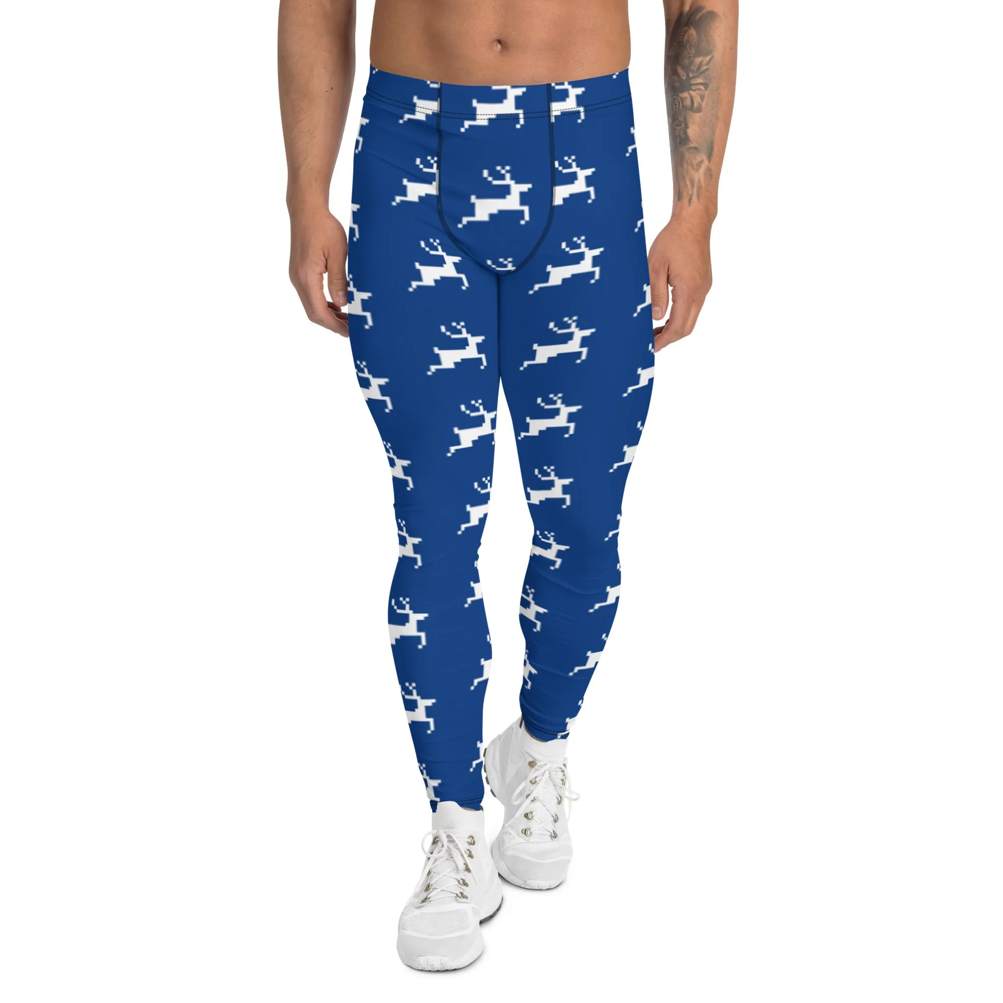 Blue Reindeer Christmas Men's Leggings, Dark Blue Xmas Designer Men's Leggings-Made in USA/MX/EU