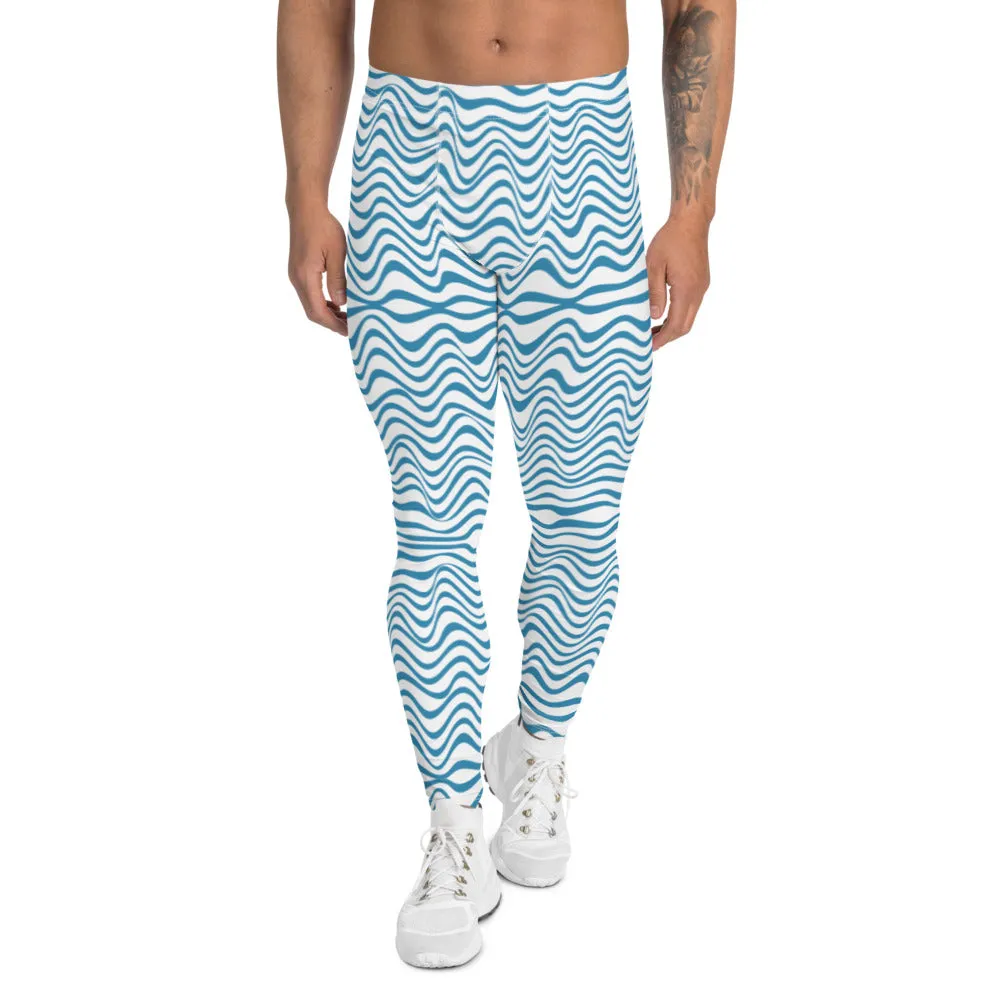 Blue Wavy Designer Men's Leggings, Modern Meggings Compression Tights-Made in USA/EU