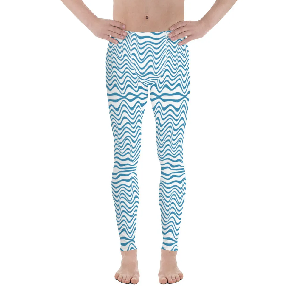 Blue Wavy Designer Men's Leggings, Modern Meggings Compression Tights-Made in USA/EU