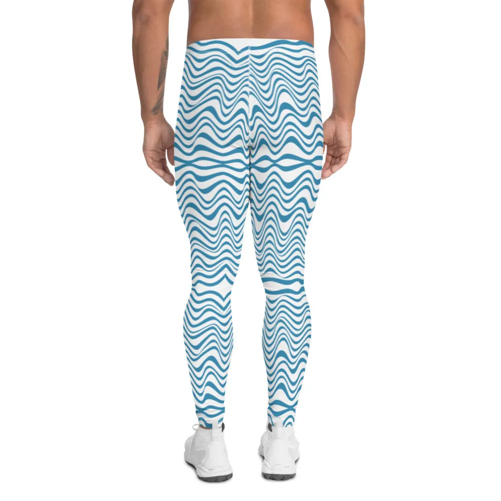 Blue Wavy Designer Men's Leggings, Modern Meggings Compression Tights-Made in USA/EU