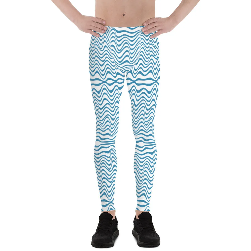 Blue Wavy Designer Men's Leggings, Modern Meggings Compression Tights-Made in USA/EU