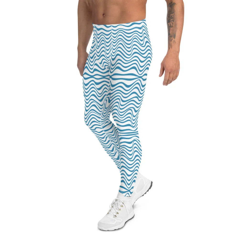 Blue Wavy Designer Men's Leggings, Modern Meggings Compression Tights-Made in USA/EU