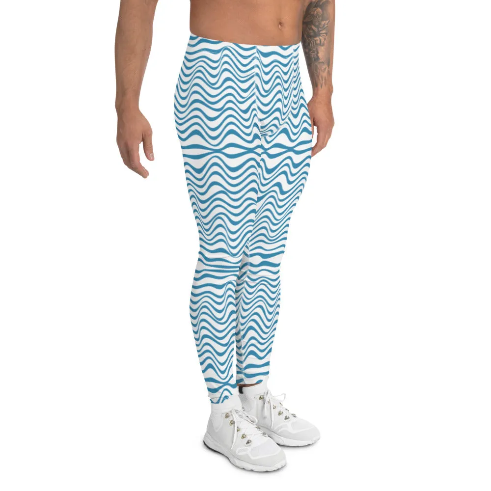 Blue Wavy Designer Men's Leggings, Modern Meggings Compression Tights-Made in USA/EU