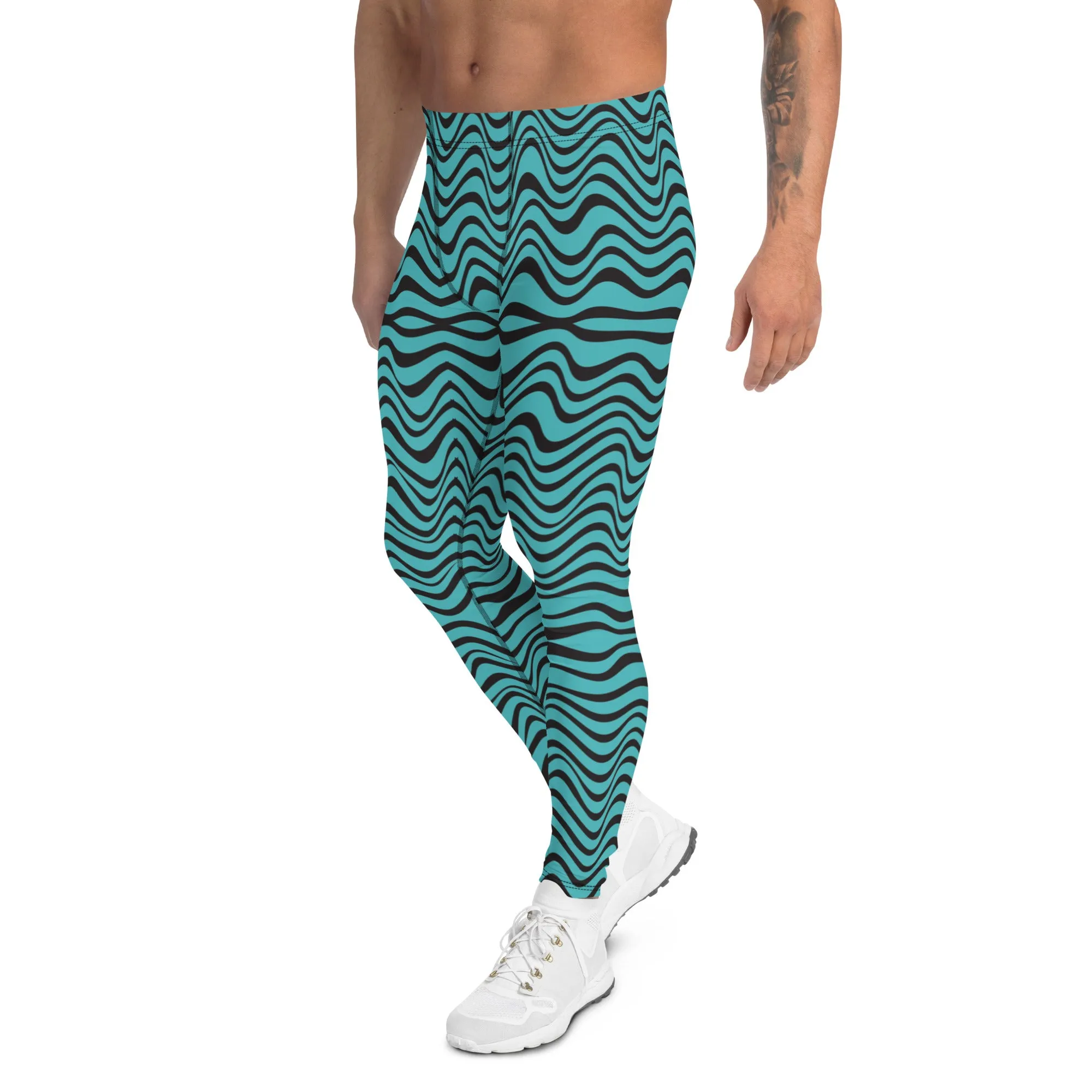 Blue Wavy Men's Leggings, Great Wave Abstract Pattern Yoga Leggings-Made In USA/EU/MX