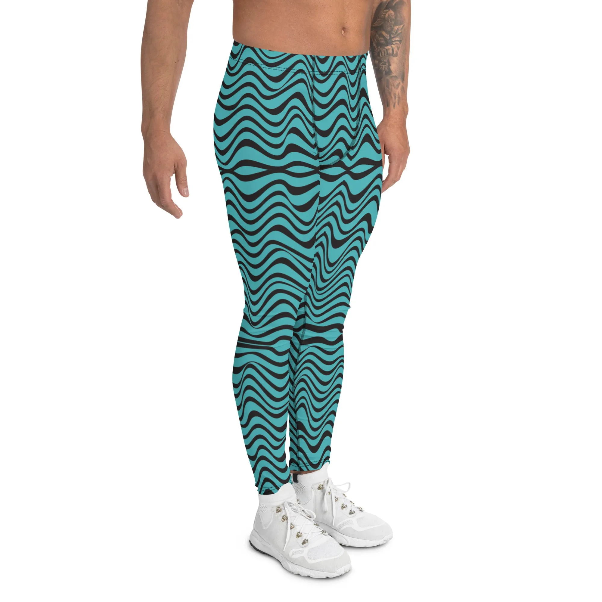 Blue Wavy Men's Leggings, Great Wave Abstract Pattern Yoga Leggings-Made In USA/EU/MX