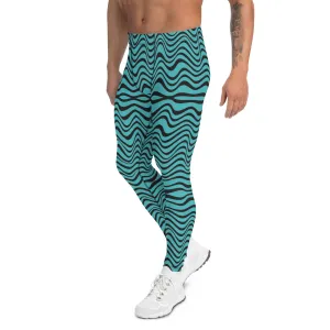 Blue Wavy Men's Leggings, Great Wave Abstract Pattern Yoga Leggings-Made In USA/EU/MX