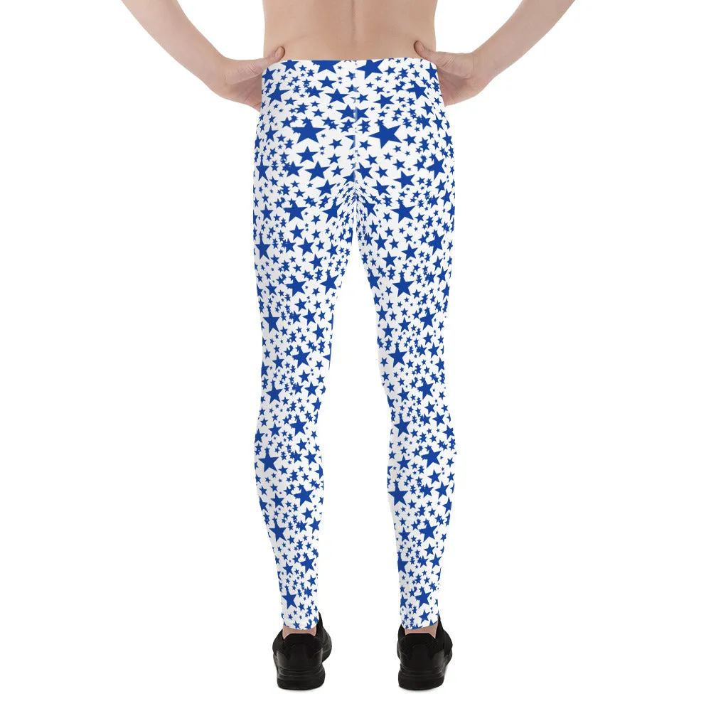 Blue White Star Print Meggings, Premium Quality Men's Leggings Tights- Made in USA/EU