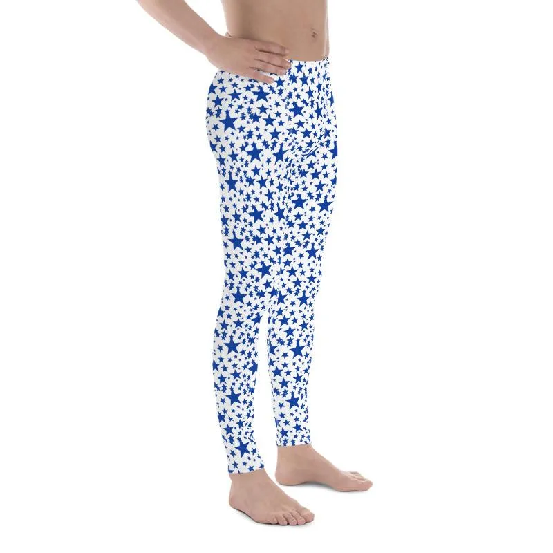 Blue White Star Print Meggings, Premium Quality Men's Leggings Tights- Made in USA/EU