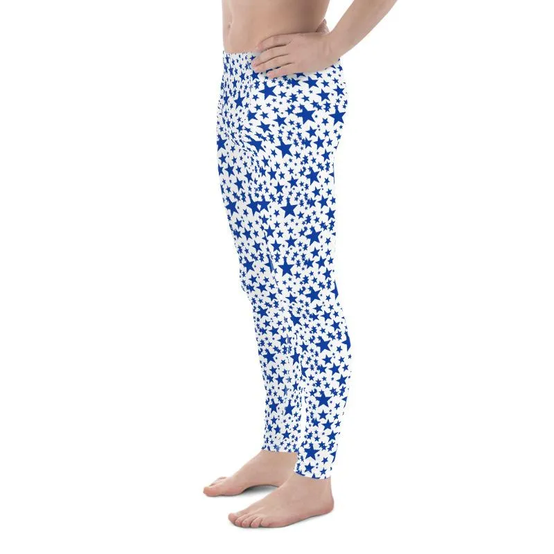 Blue White Star Print Meggings, Premium Quality Men's Leggings Tights- Made in USA/EU