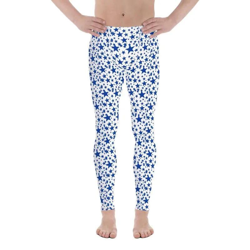 Blue White Star Print Meggings, Premium Quality Men's Leggings Tights- Made in USA/EU