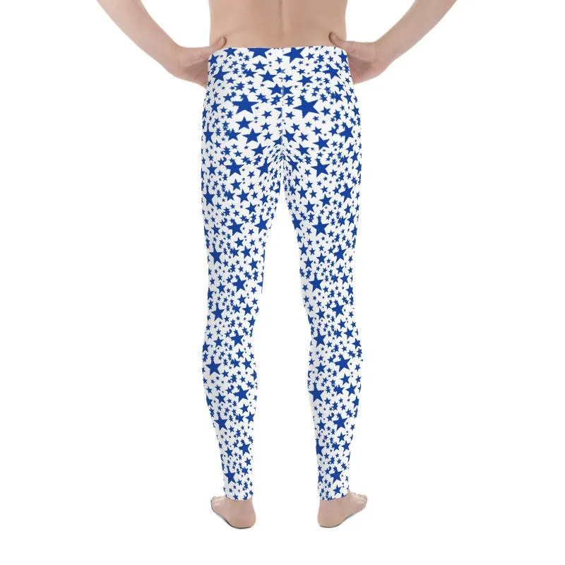 Blue White Star Print Meggings, Premium Quality Men's Leggings Tights- Made in USA/EU