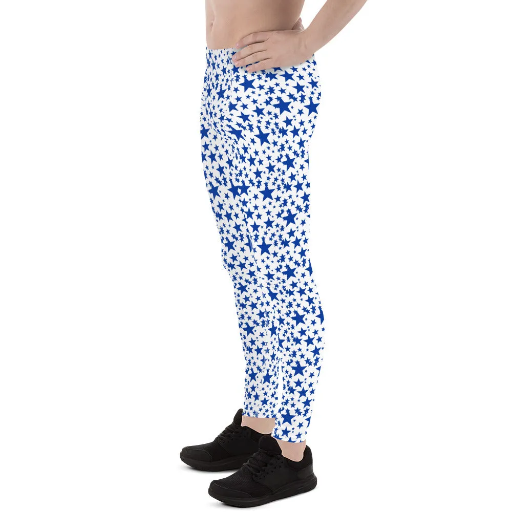 Blue White Star Print Meggings, Premium Quality Men's Leggings Tights- Made in USA/EU