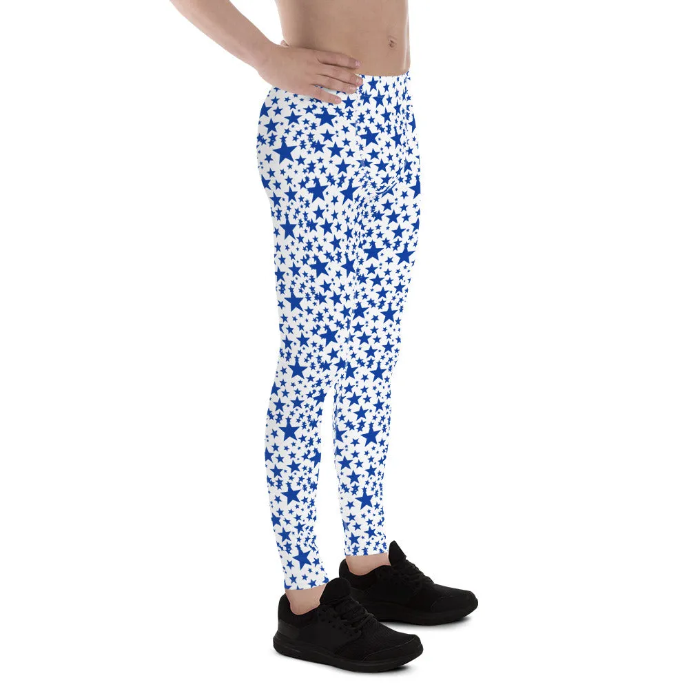 Blue White Star Print Meggings, Premium Quality Men's Leggings Tights- Made in USA/EU