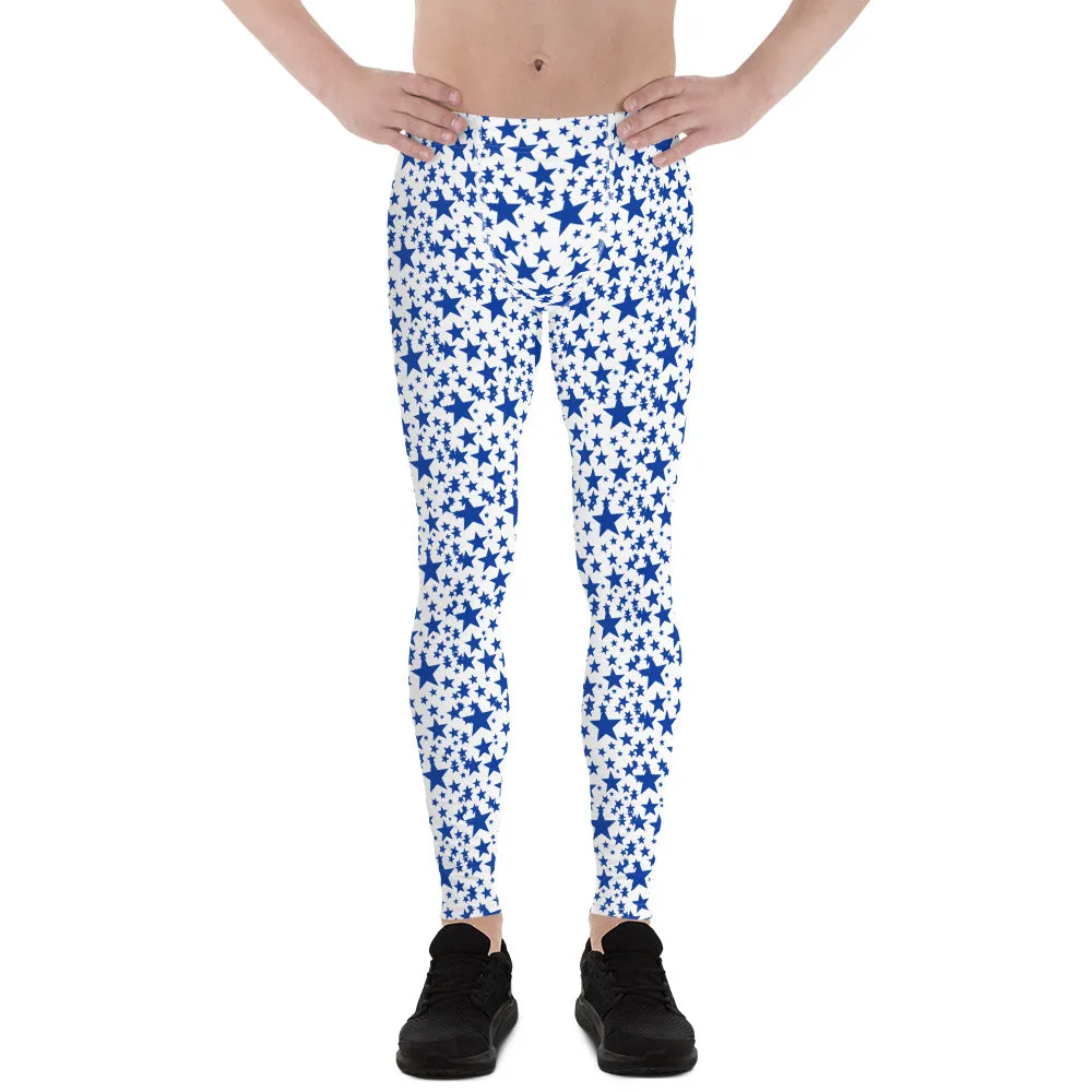 Blue White Star Print Meggings, Premium Quality Men's Leggings Tights- Made in USA/EU