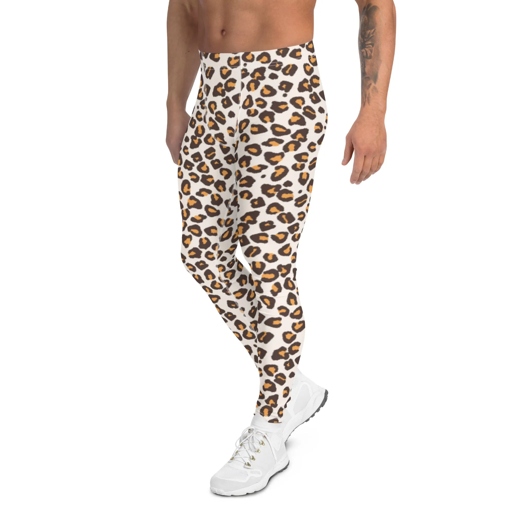 Brown Orange Leopard Print Meggings, Animal Leopard Print Best Designer Meggings Tights-Made in USA/EU/MX