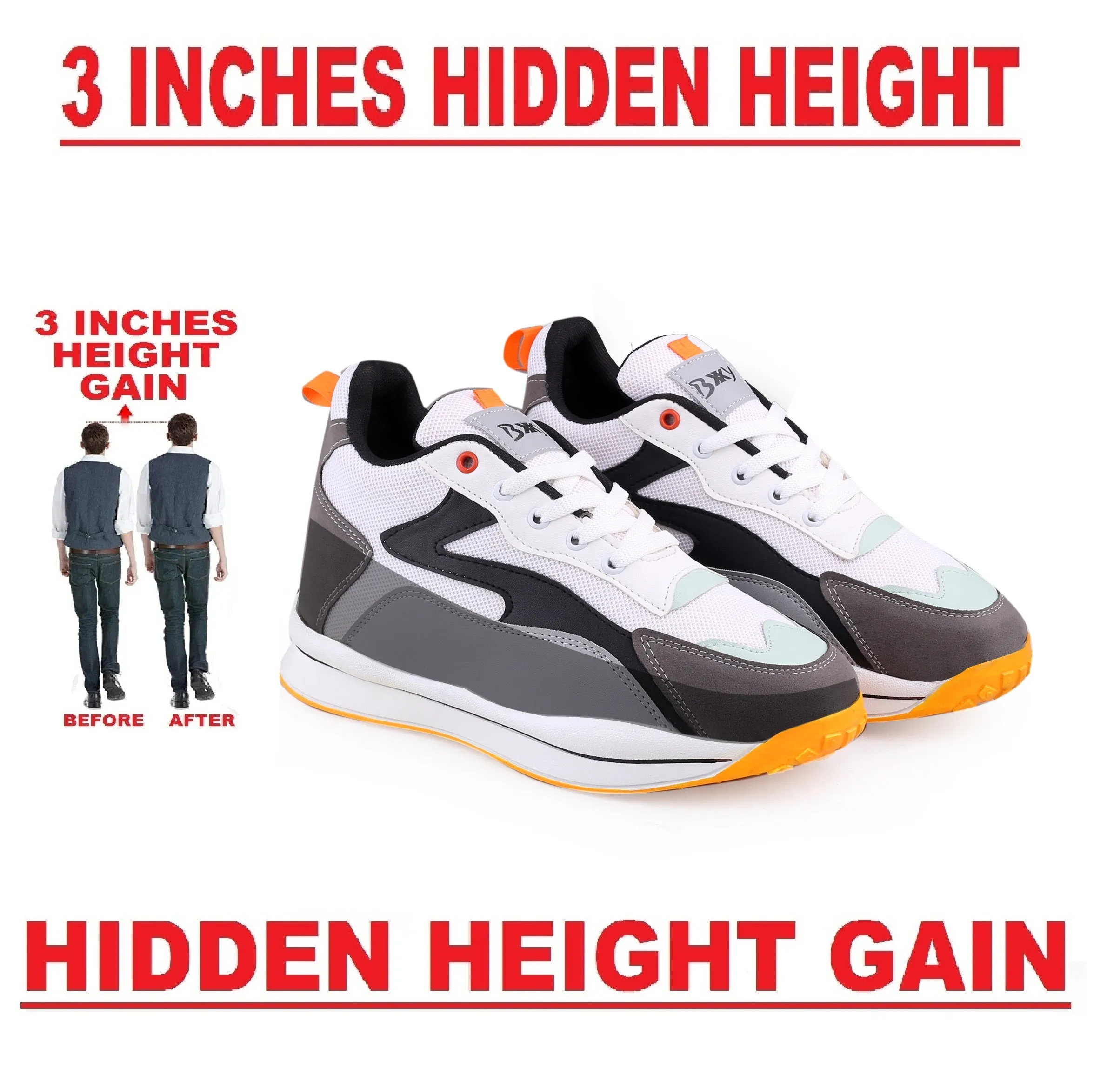 Bxxy Men's 3 Inch Hidden Height Increasing Casual Sports Lace-Up Light Weight Shoes.