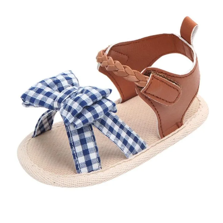 Charming Bow-Embellished Plaid Summer Sandals for Baby Girls - Anti-Slip Crib Shoes