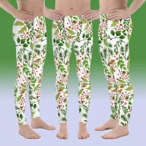 Christmas Holidays Party Meggings, Green Red Floral Print Running Leggings Tights For Men-Made in USA/EU