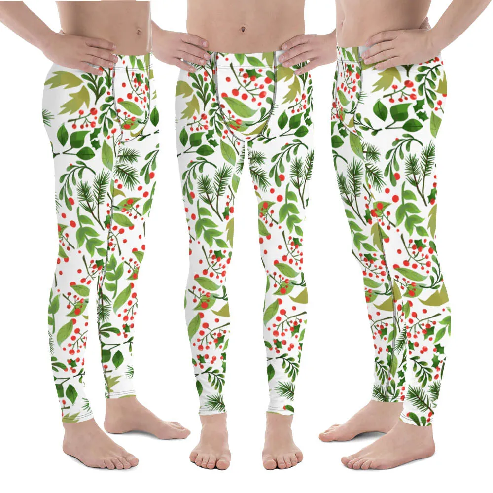 Christmas Holidays Party Meggings, Green Red Floral Print Running Leggings Tights For Men-Made in USA/EU