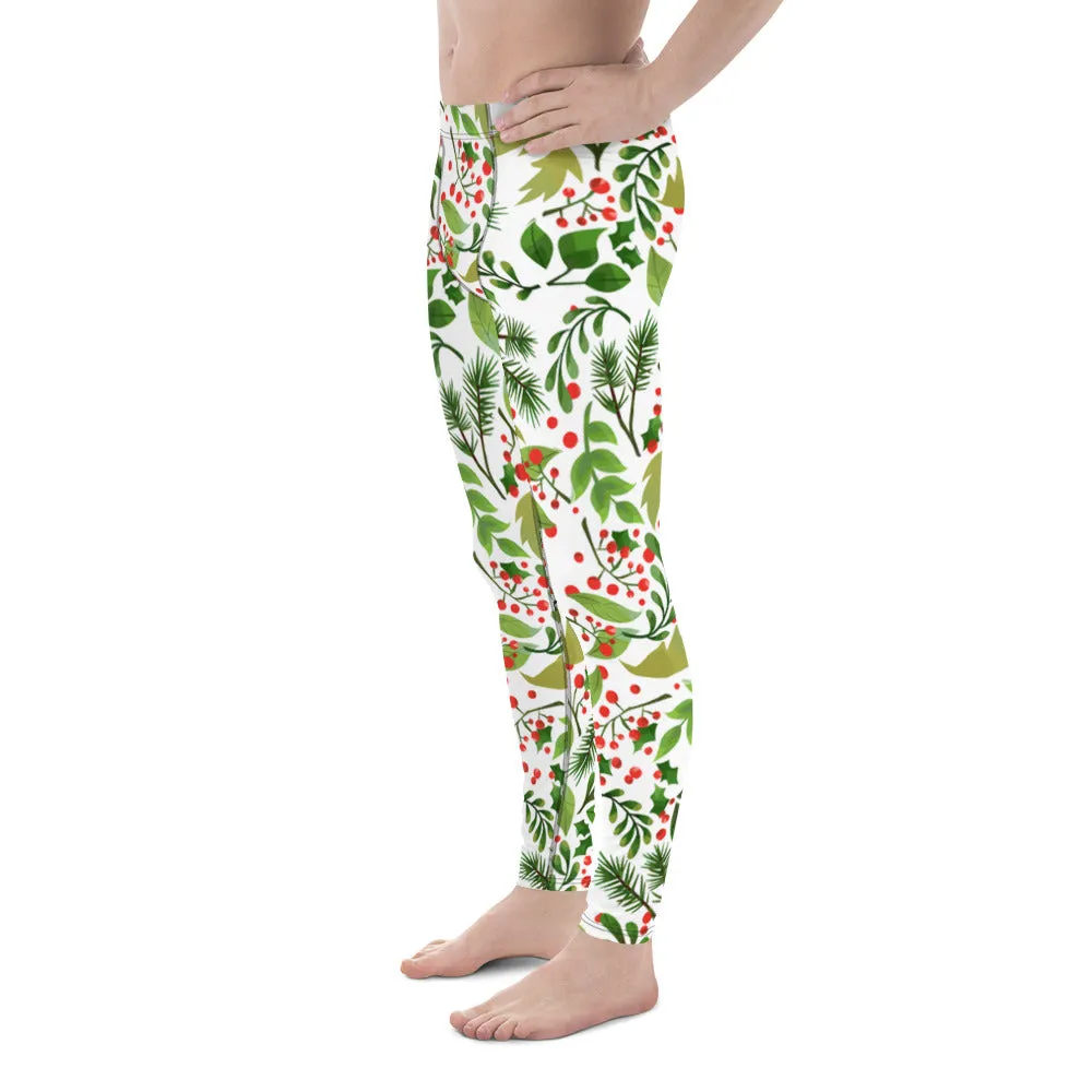 Christmas Holidays Party Meggings, Green Red Floral Print Running Leggings Tights For Men-Made in USA/EU