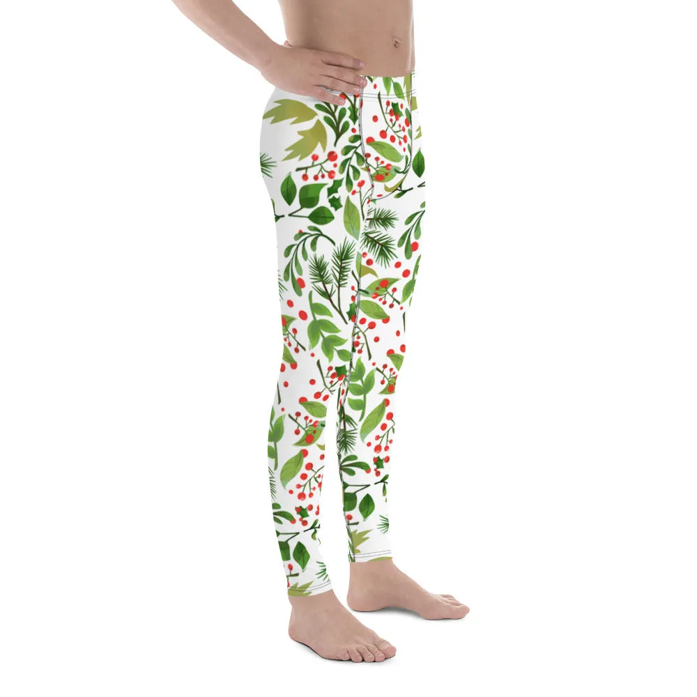 Christmas Holidays Party Meggings, Green Red Floral Print Running Leggings Tights For Men-Made in USA/EU