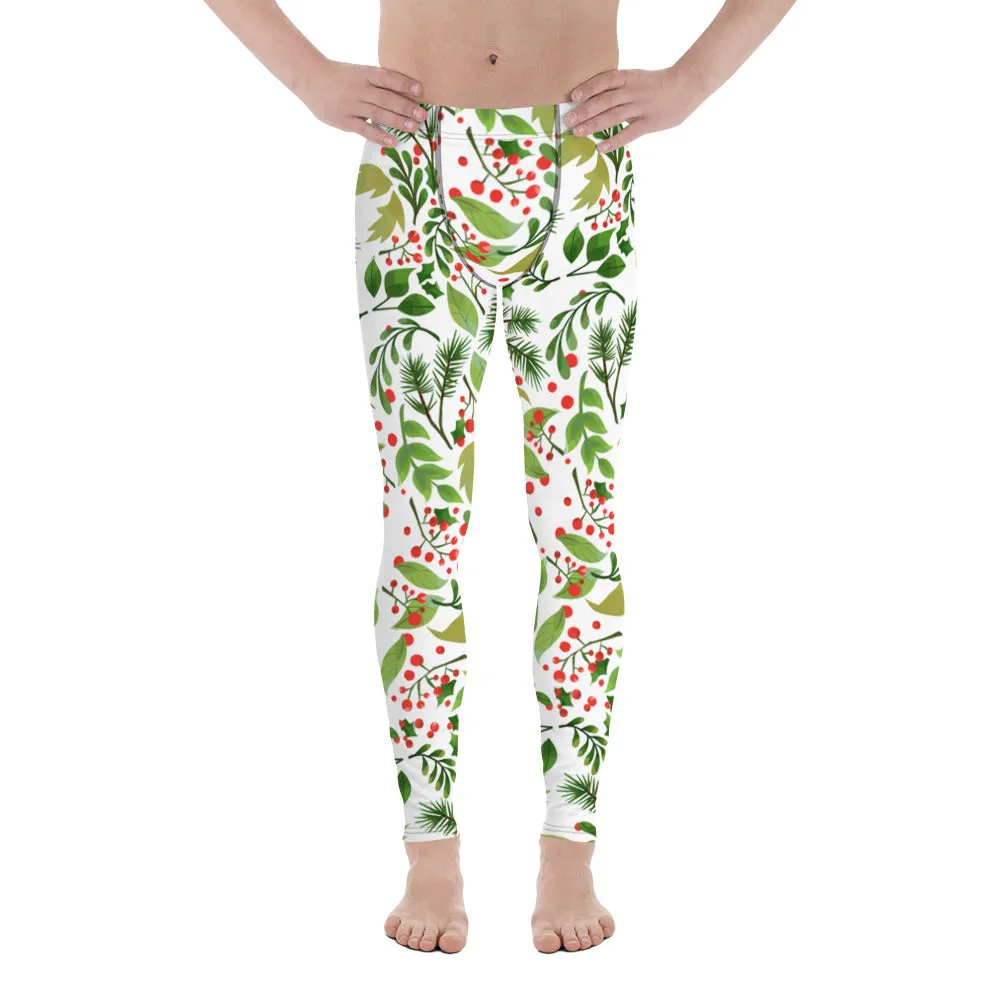 Christmas Holidays Party Meggings, Green Red Floral Print Running Leggings Tights For Men-Made in USA/EU