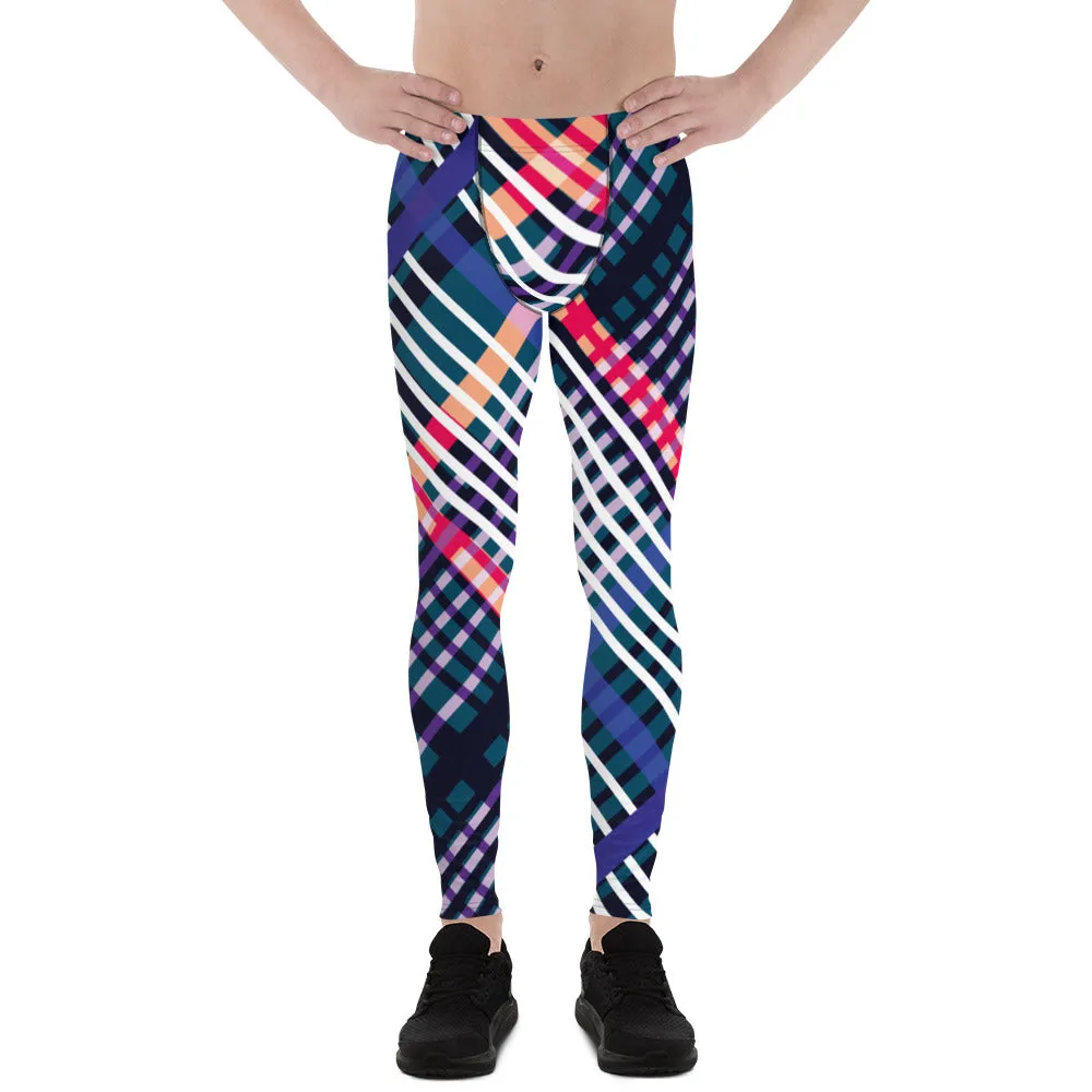 Colorful Plaid Print Men's Leggings, Classic Tartan Plaid Print Meggings Compression Christmas Tights-Made in USA/EU/MX