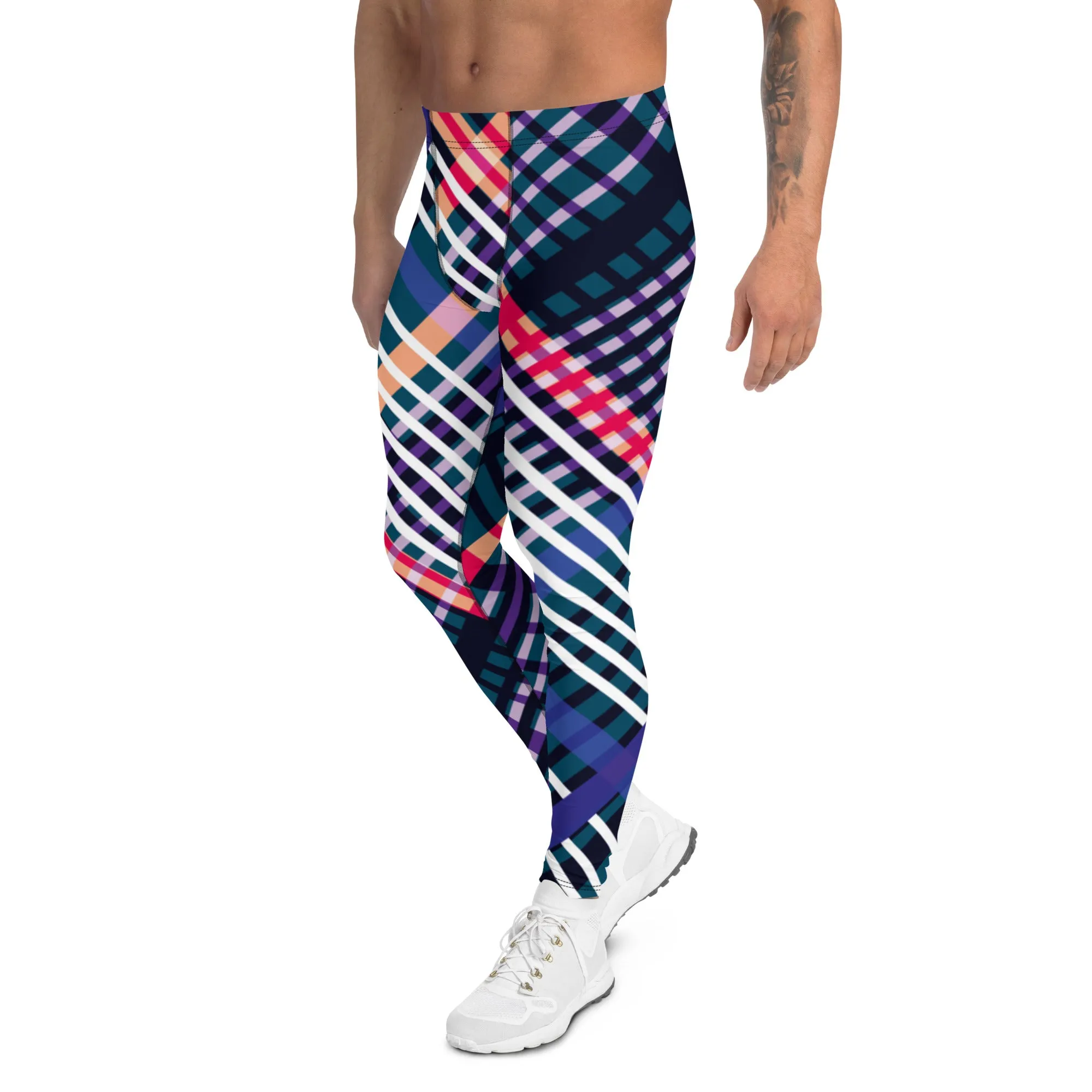 Colorful Plaid Print Men's Leggings, Classic Tartan Plaid Print Meggings Compression Christmas Tights-Made in USA/EU/MX