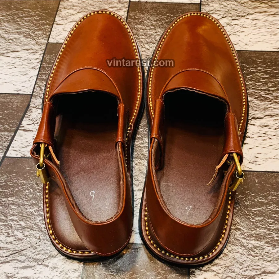 Dark Shiny Brown Leather Peshawari Men's Chappal