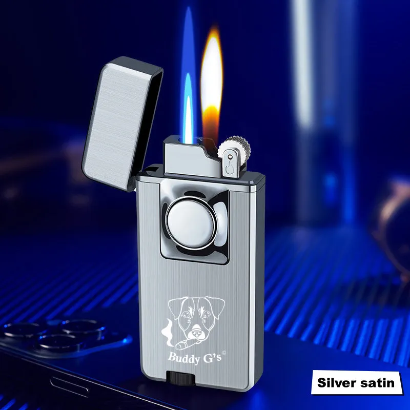 Elegant Dual Burner Refillable Butane Soft Flame and Jet Torch Lighter with Round Button to Switch from Soft Flame to Torch