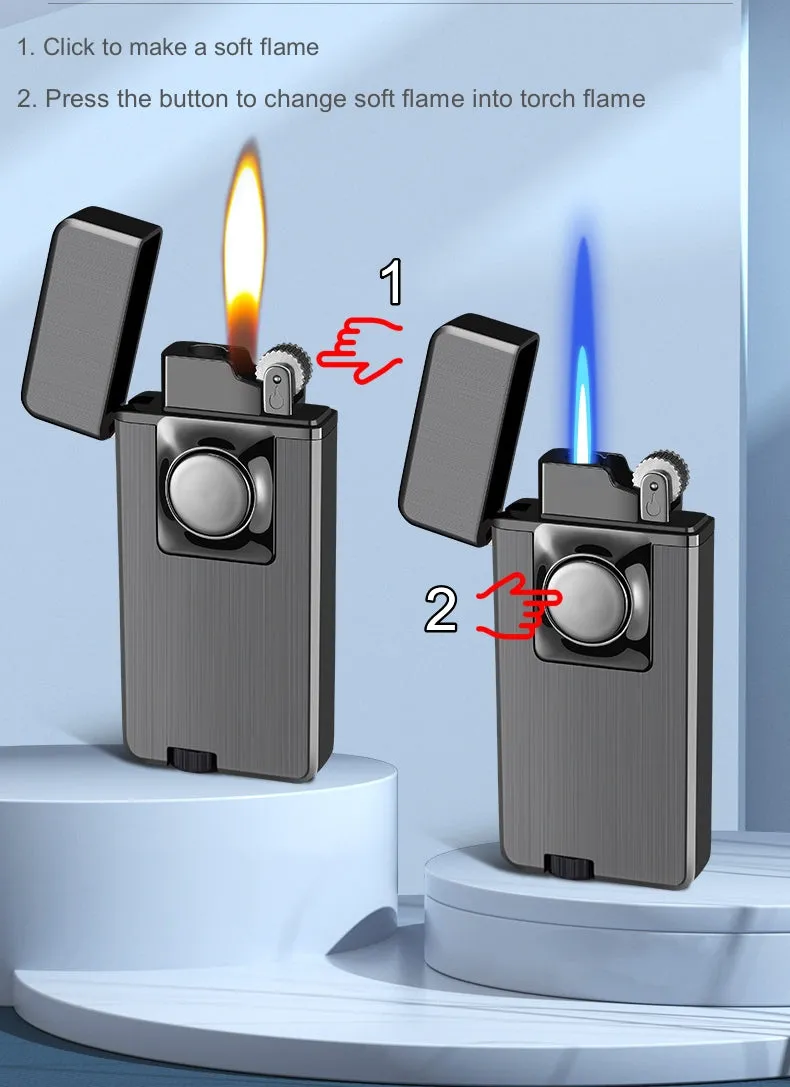 Elegant Dual Burner Refillable Butane Soft Flame and Jet Torch Lighter with Round Button to Switch from Soft Flame to Torch