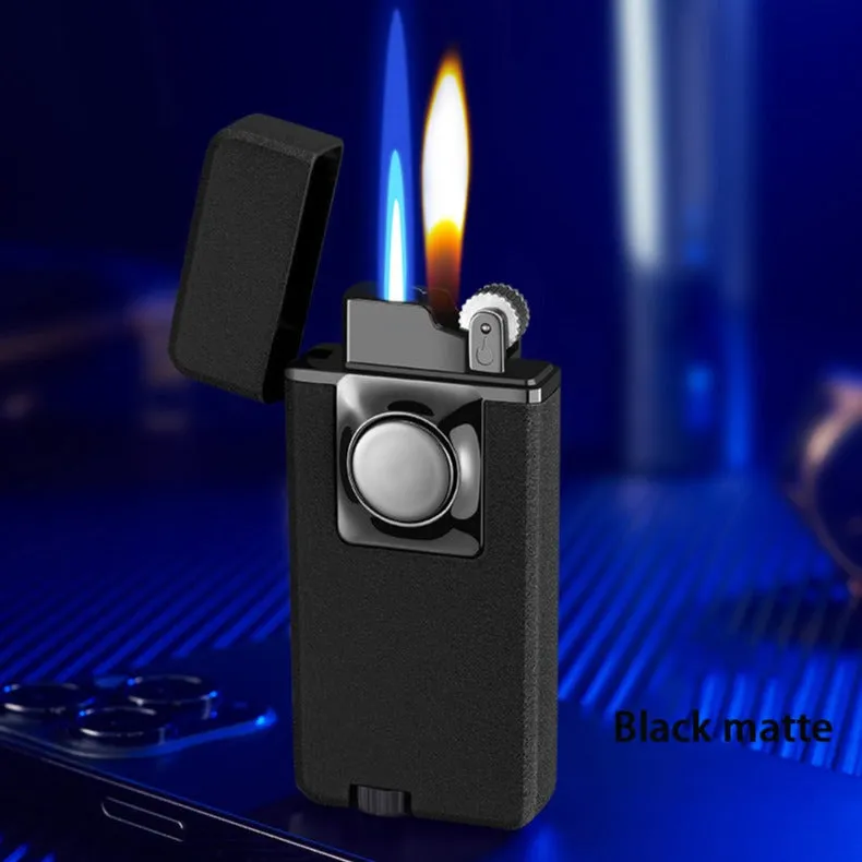 Elegant Dual Burner Refillable Butane Soft Flame and Jet Torch Lighter with Round Button to Switch from Soft Flame to Torch