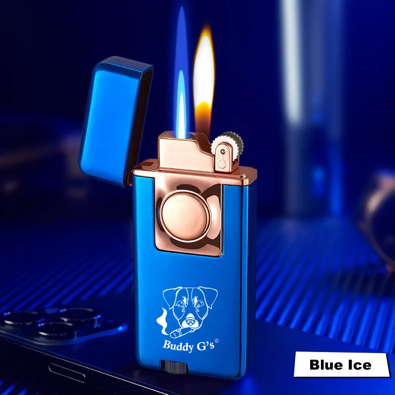 Elegant Dual Burner Refillable Butane Soft Flame and Jet Torch Lighter with Round Button to Switch from Soft Flame to Torch