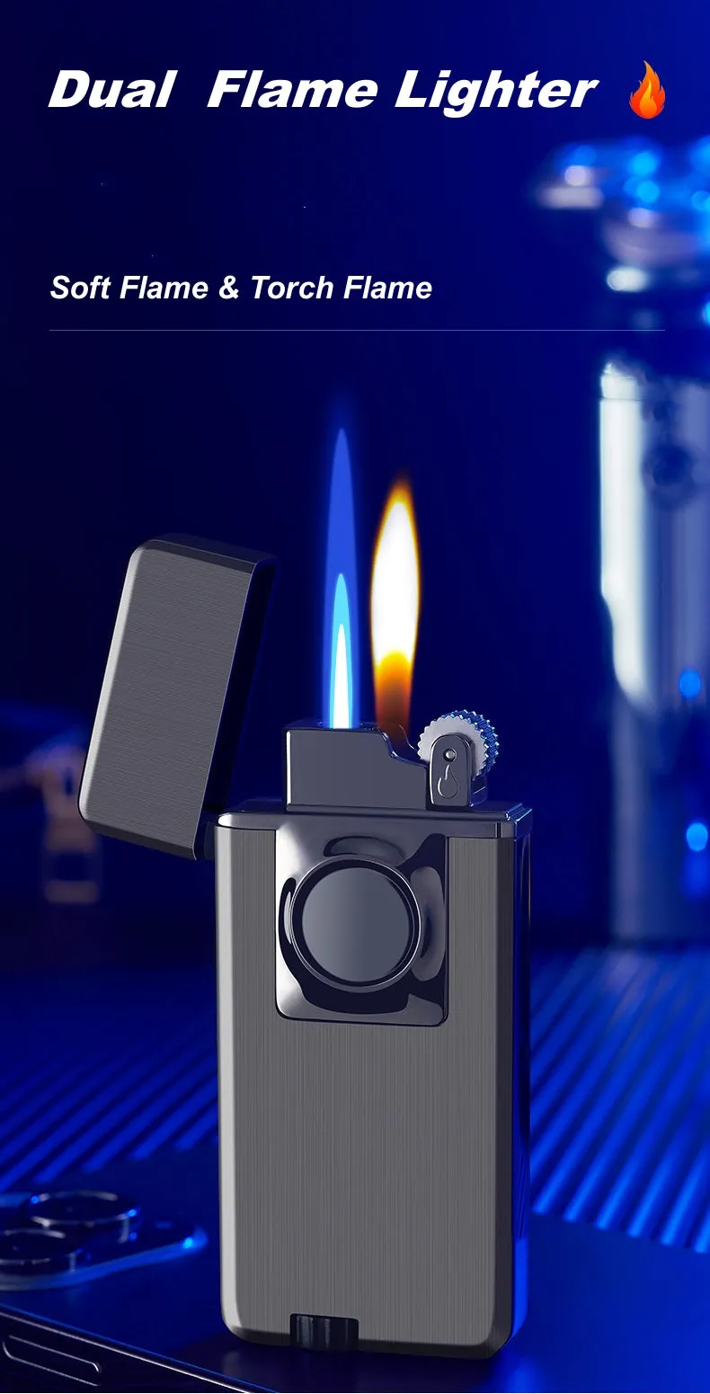 Elegant Dual Burner Refillable Butane Soft Flame and Jet Torch Lighter with Round Button to Switch from Soft Flame to Torch