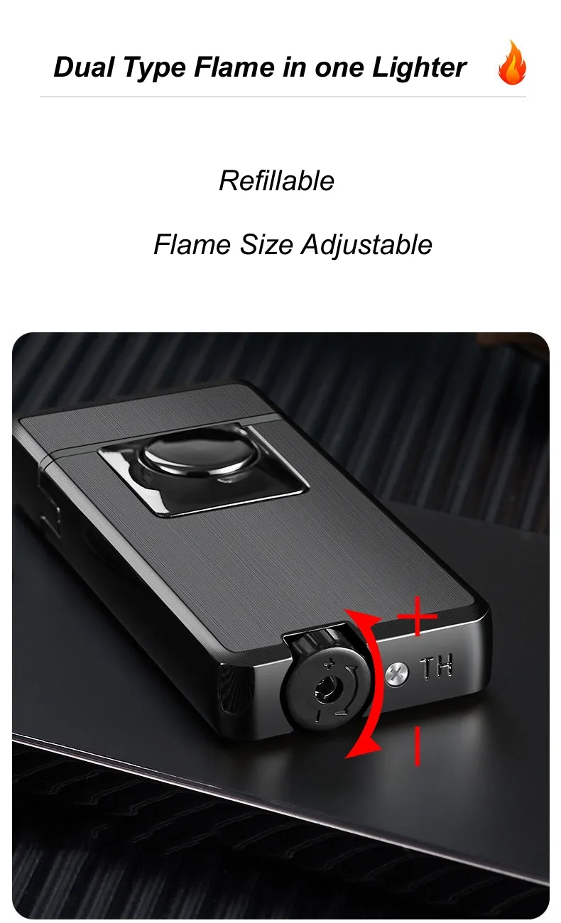 Elegant Dual Burner Refillable Butane Soft Flame and Jet Torch Lighter with Round Button to Switch from Soft Flame to Torch