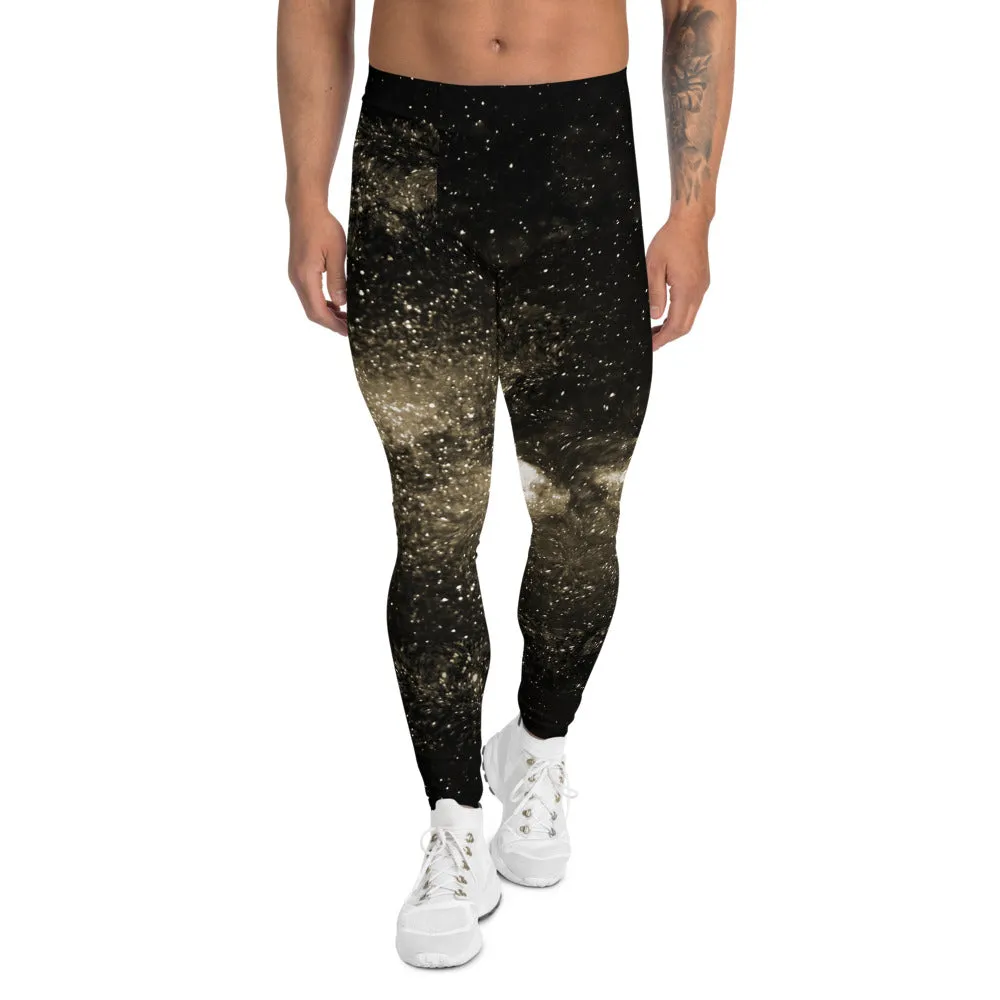 Golden Galaxy Men's Leggings, Pale Yellow Constellation Running Tights For Men-Made in USA/EU