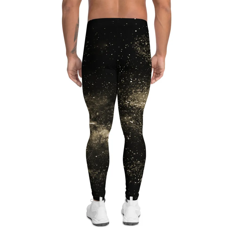 Golden Galaxy Men's Leggings, Pale Yellow Constellation Running Tights For Men-Made in USA/EU