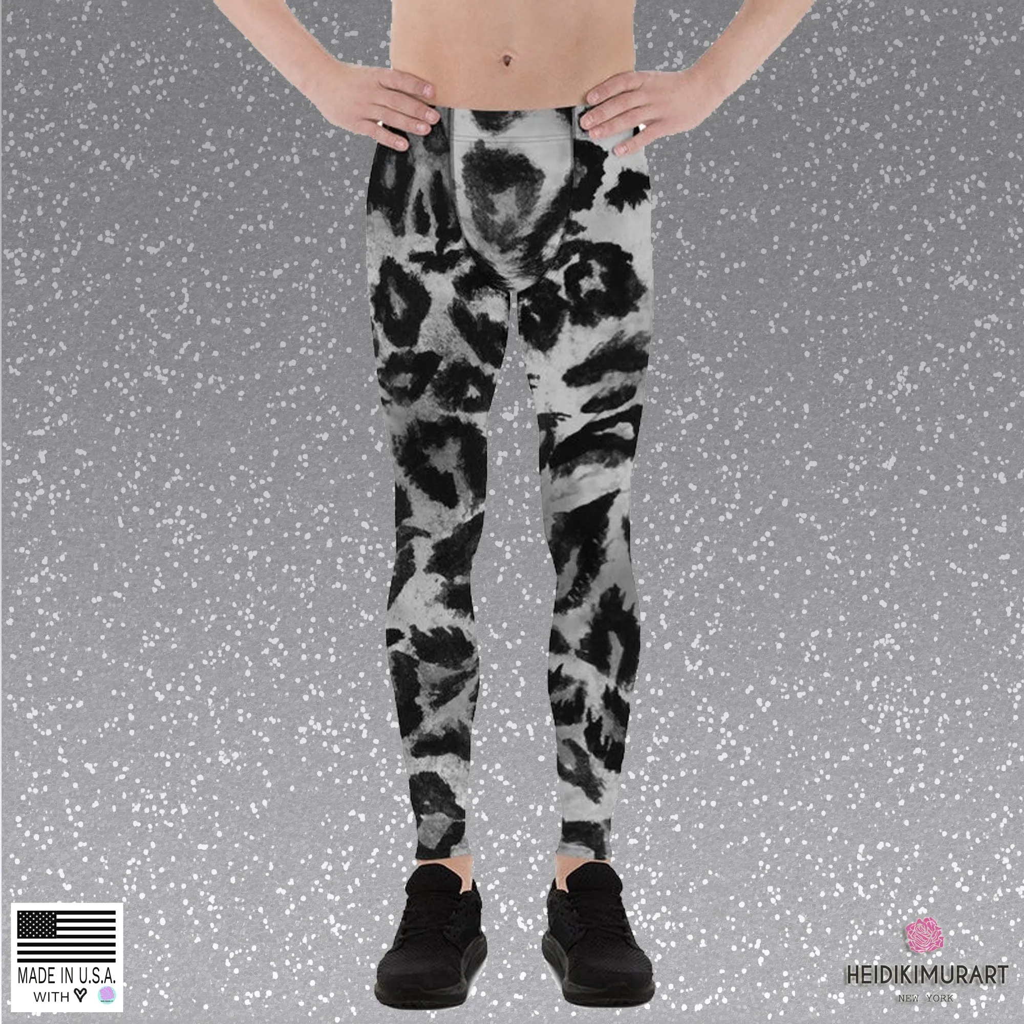 Gray Leopard Print Men's Leggings, Yoga Pants Running Leggings Fetish Tights- Made in USA