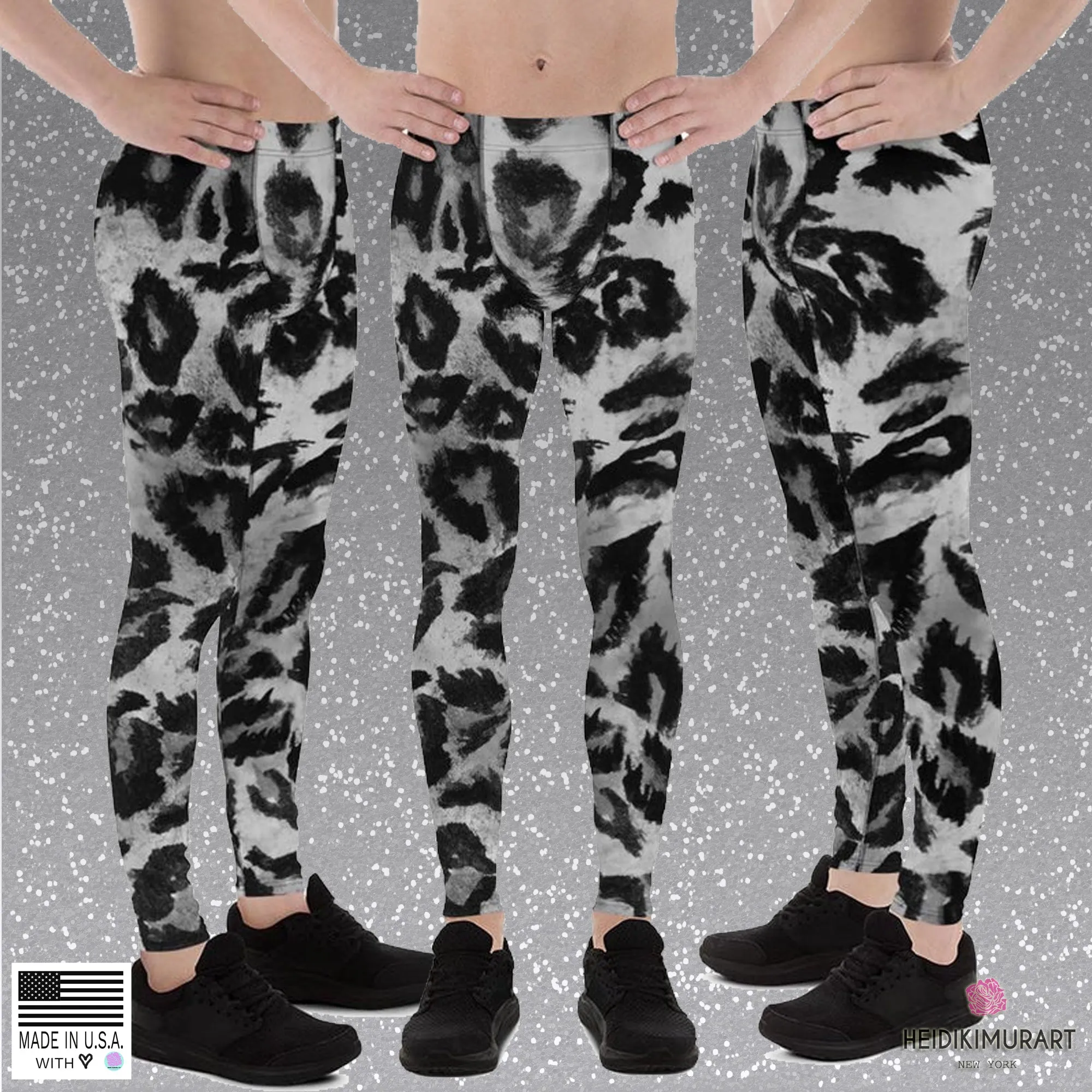 Gray Leopard Print Men's Leggings, Yoga Pants Running Leggings Fetish Tights- Made in USA