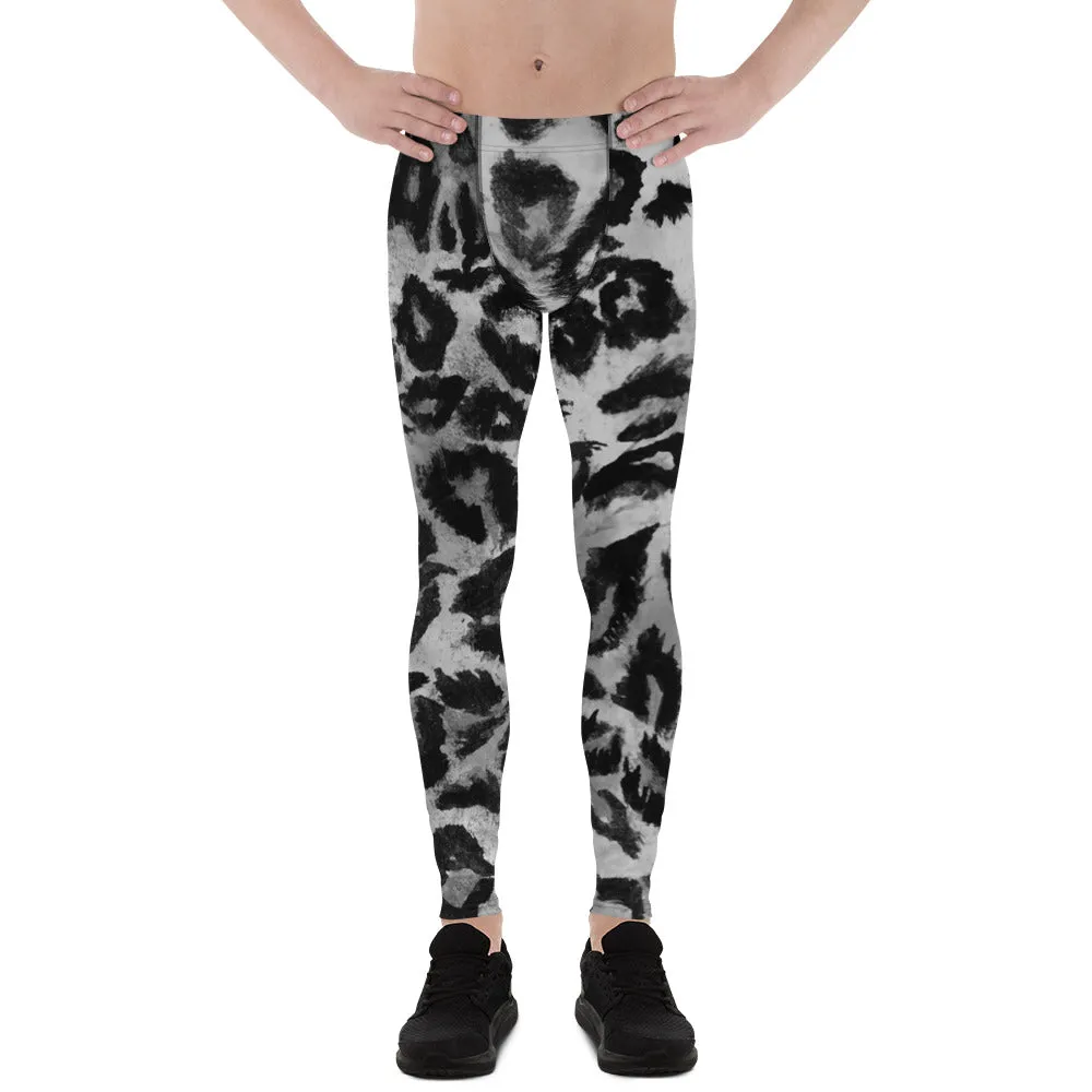 Gray Leopard Print Men's Leggings, Yoga Pants Running Leggings Fetish Tights- Made in USA