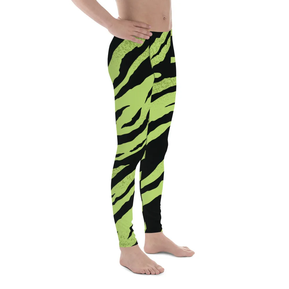 Green Black Zebra Meggings, Striped Animal Print Sexy Men's Workout Gym Tights Pants