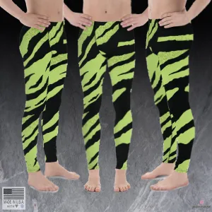 Green Black Zebra Meggings, Striped Animal Print Sexy Men's Workout Gym Tights Pants