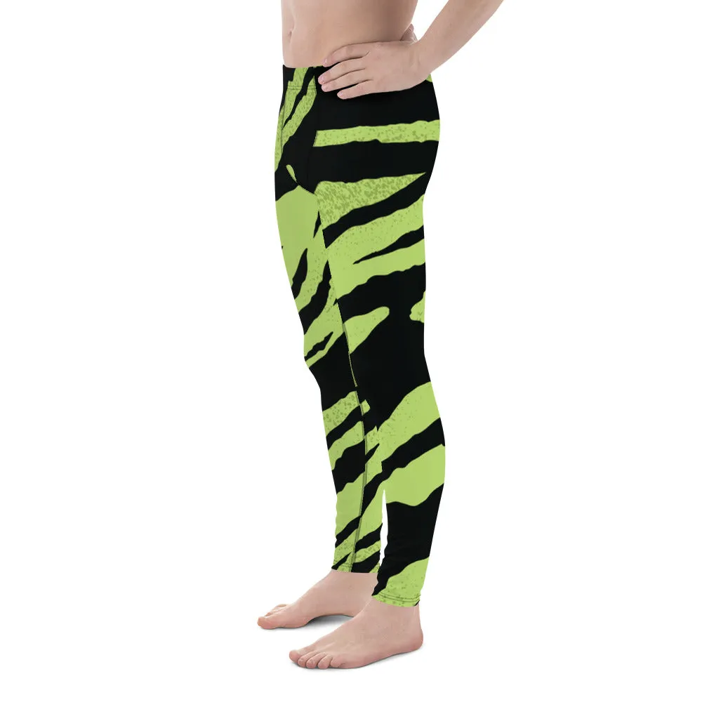 Green Black Zebra Meggings, Striped Animal Print Sexy Men's Workout Gym Tights Pants