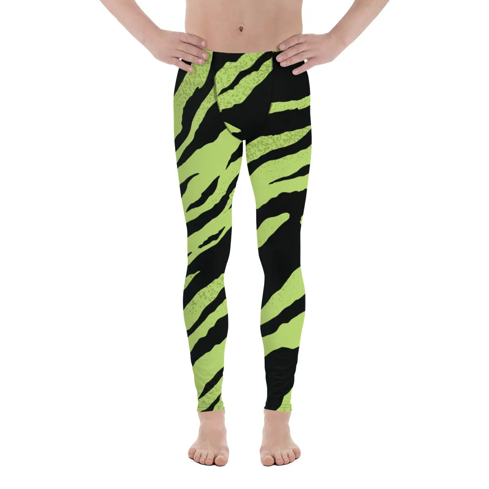 Green Black Zebra Meggings, Striped Animal Print Sexy Men's Workout Gym Tights Pants