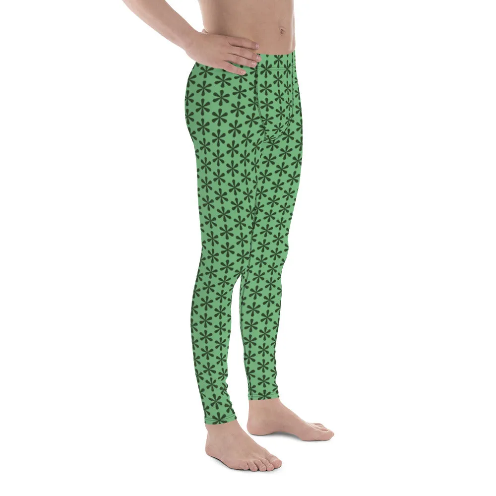 Green Floral Patterned Men's Leggings, Floral Print Compression Tights-Made in USA/EU/MX