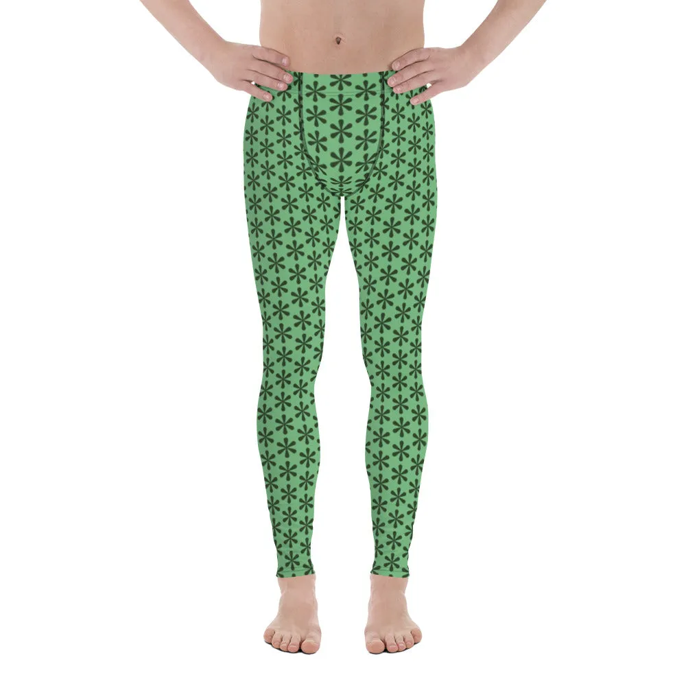 Green Floral Patterned Men's Leggings, Floral Print Compression Tights-Made in USA/EU/MX