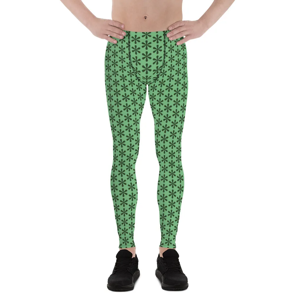 Green Floral Patterned Men's Leggings, Floral Print Compression Tights-Made in USA/EU/MX