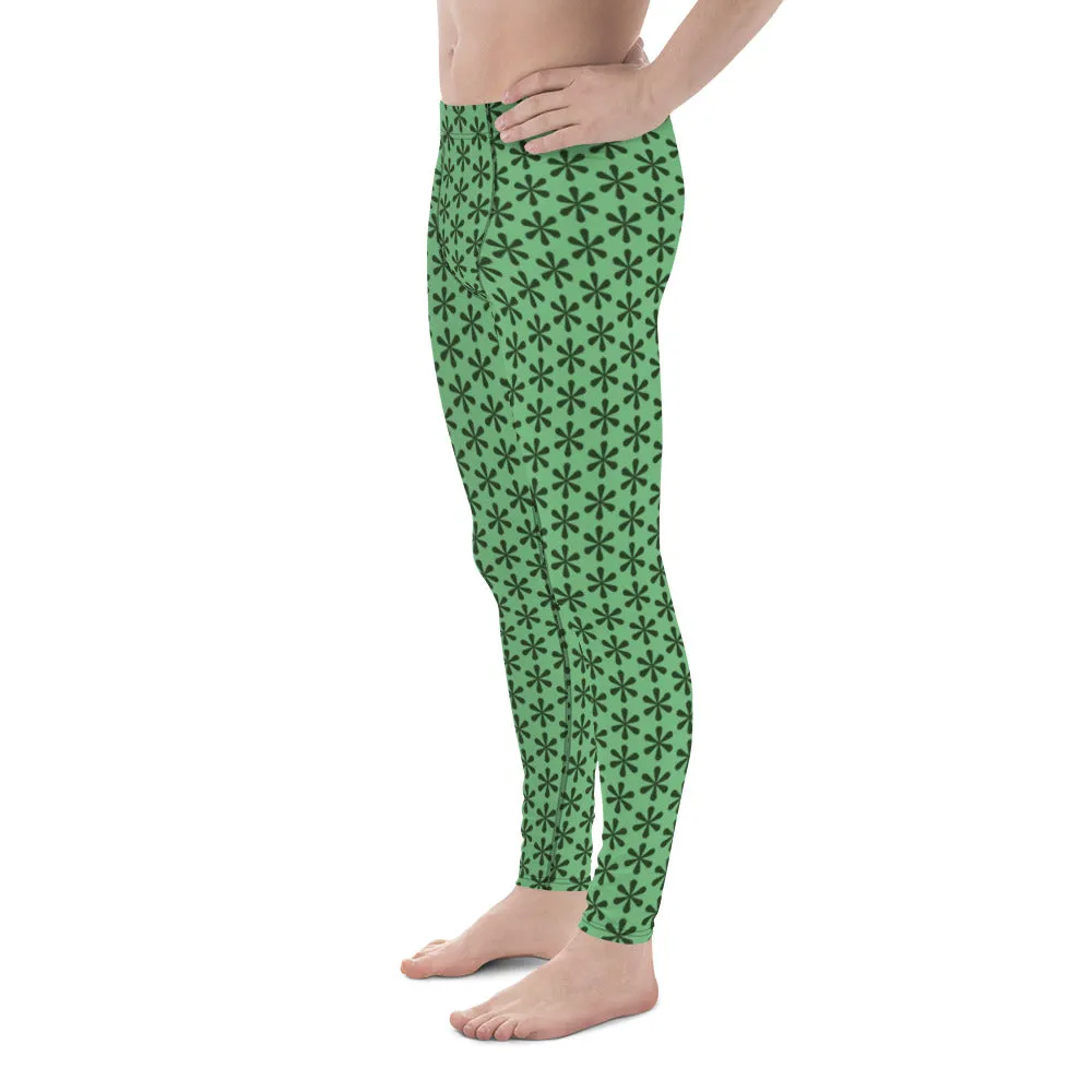 Green Floral Patterned Men's Leggings, Floral Print Compression Tights-Made in USA/EU/MX