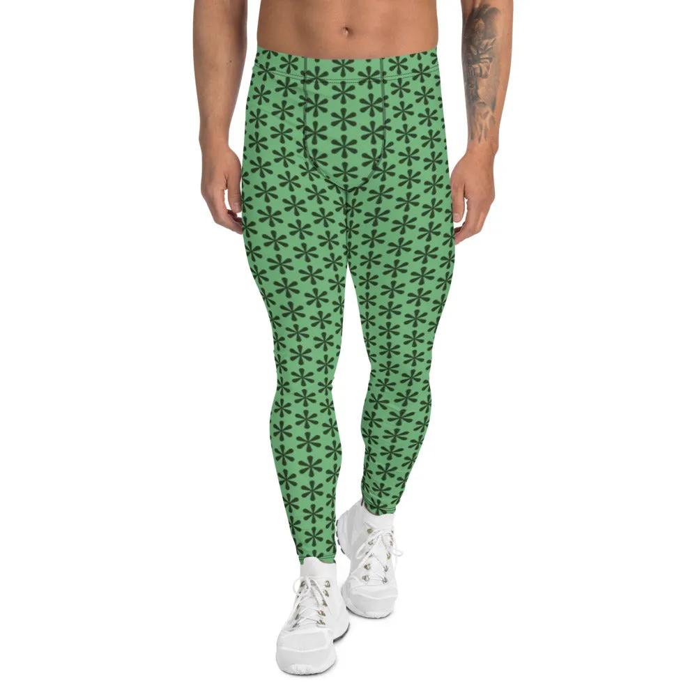 Green Floral Patterned Men's Leggings, Floral Print Compression Tights-Made in USA/EU/MX