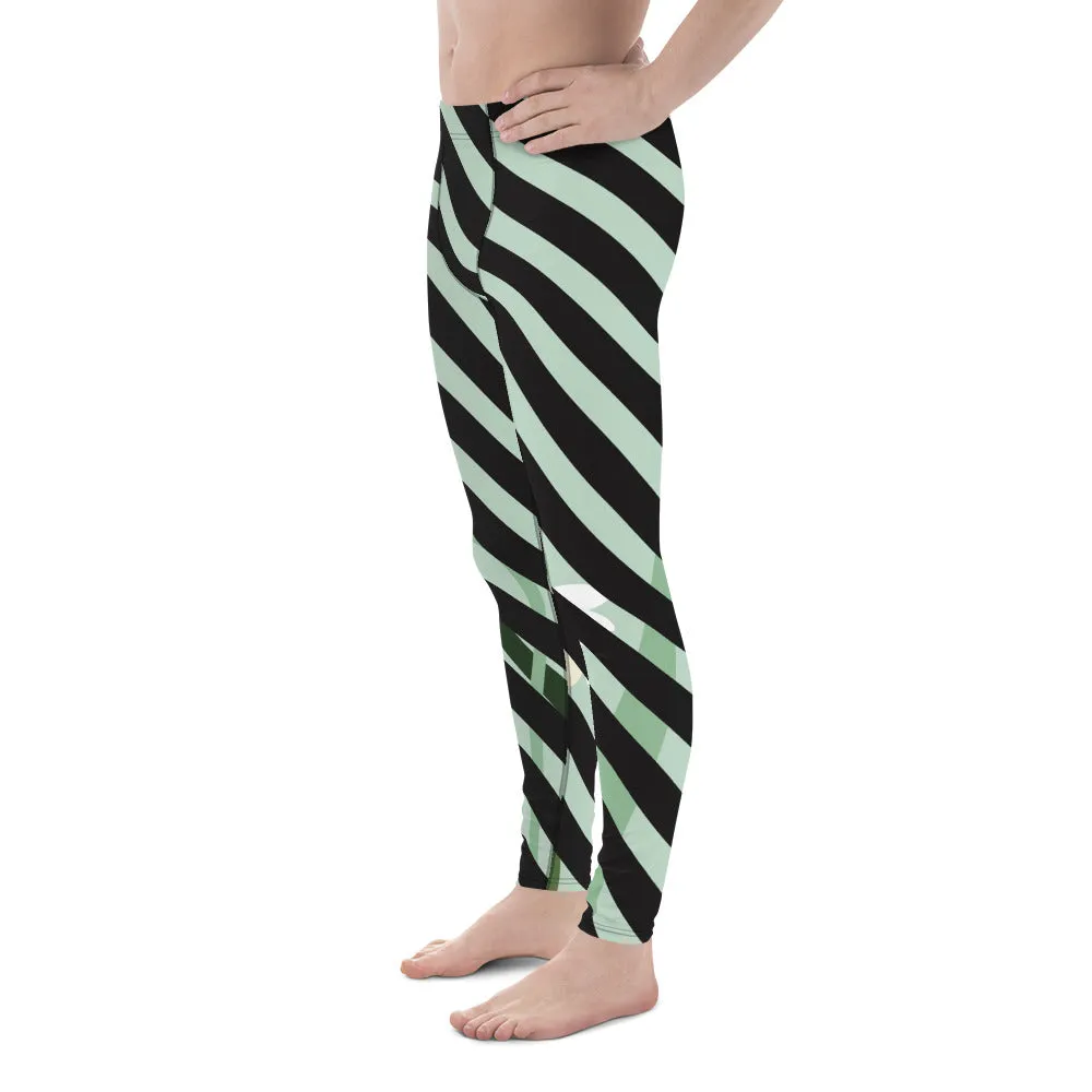 Green Floral Print Meggings, Black Diagonal Striped Men's Leggings Compression Tights - Made in USA/EU/MX